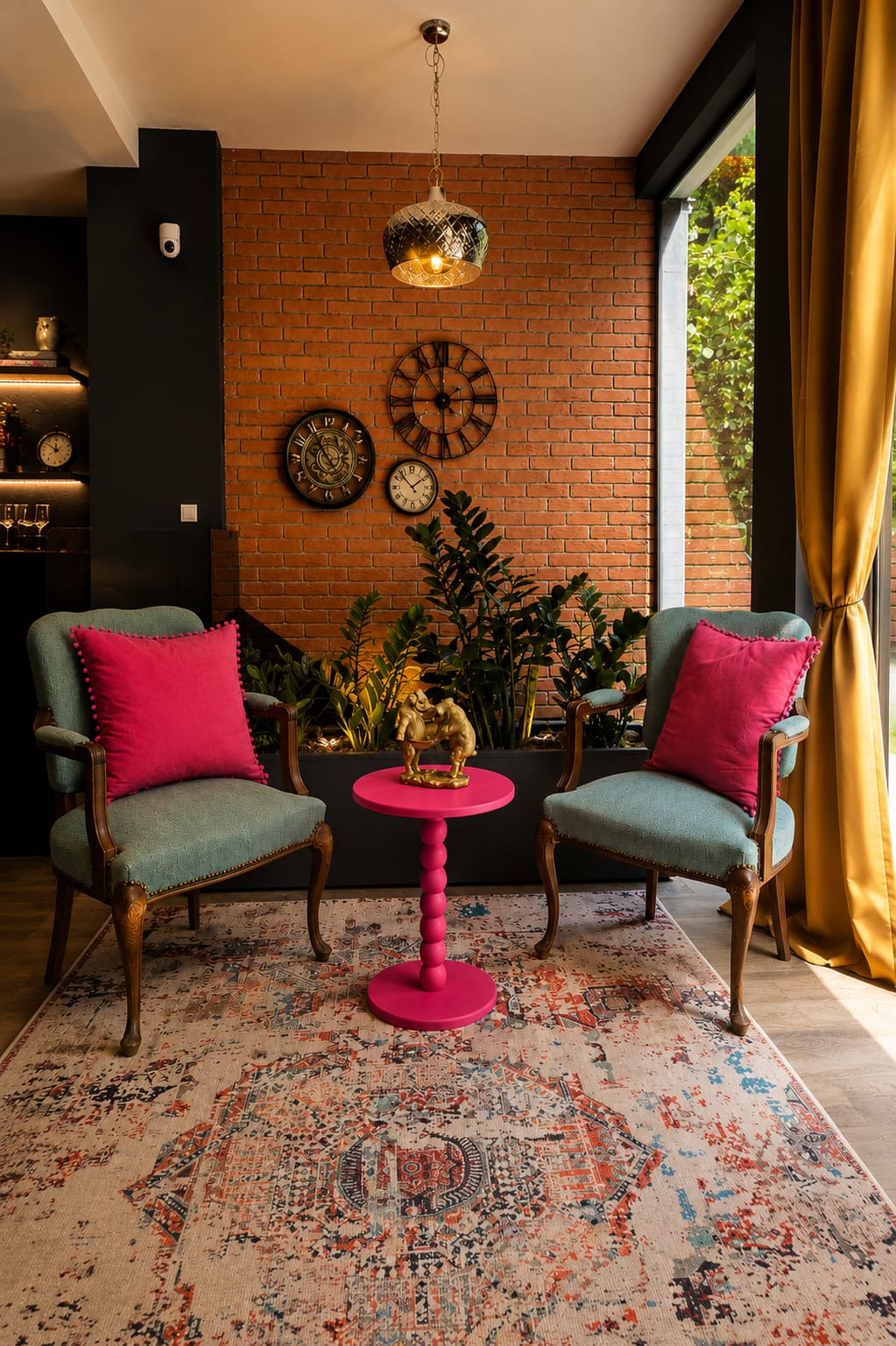 An intimate seating area with two armchairs by the window