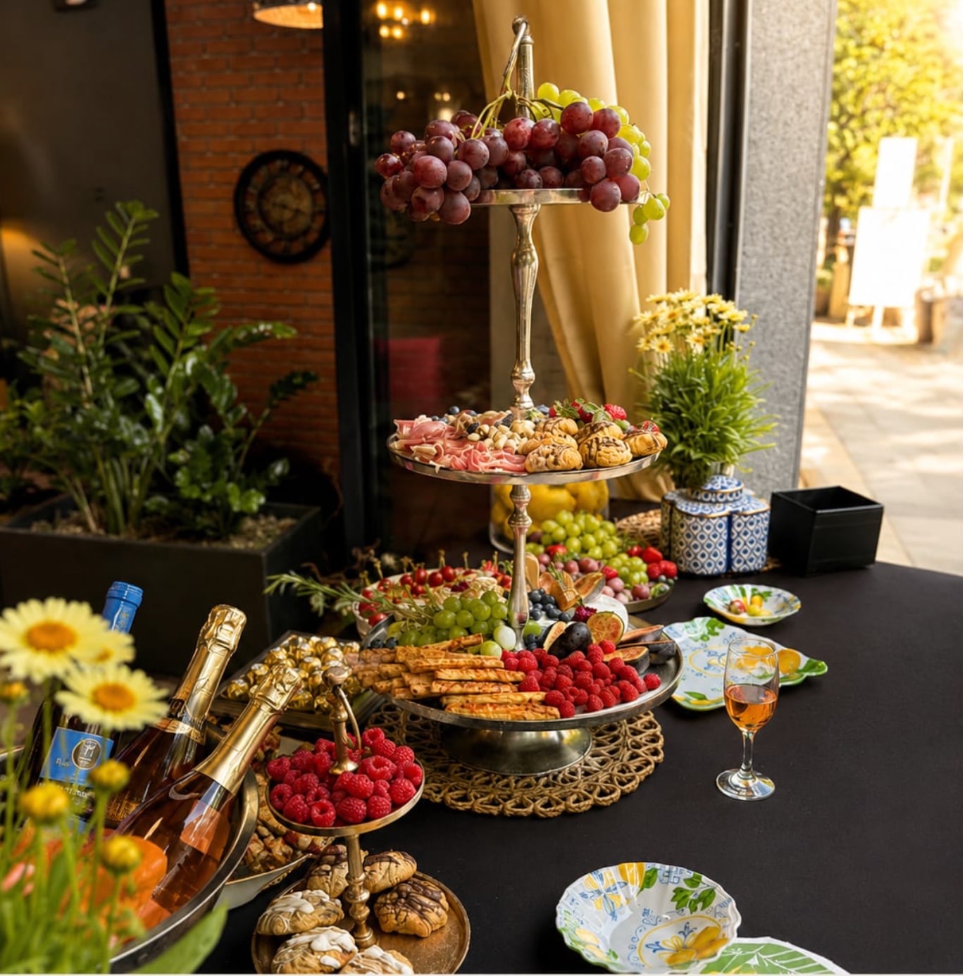 A festive buffet with fruit, pastries, and drinks