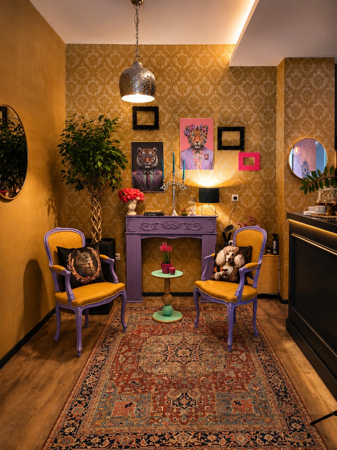 An artistic corner with a fireplace and armchairs