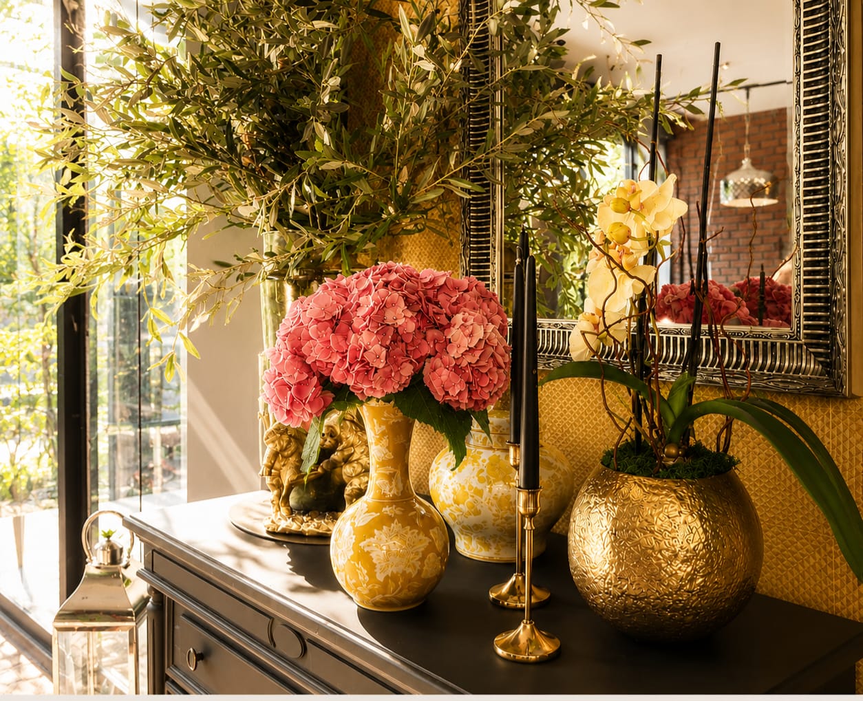 Flowers, orchids, and candles in the interior