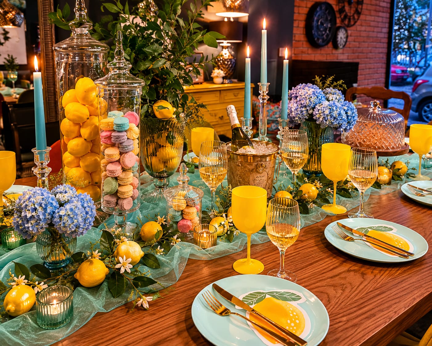 A festive table with lemons, hydrangeas, and candles