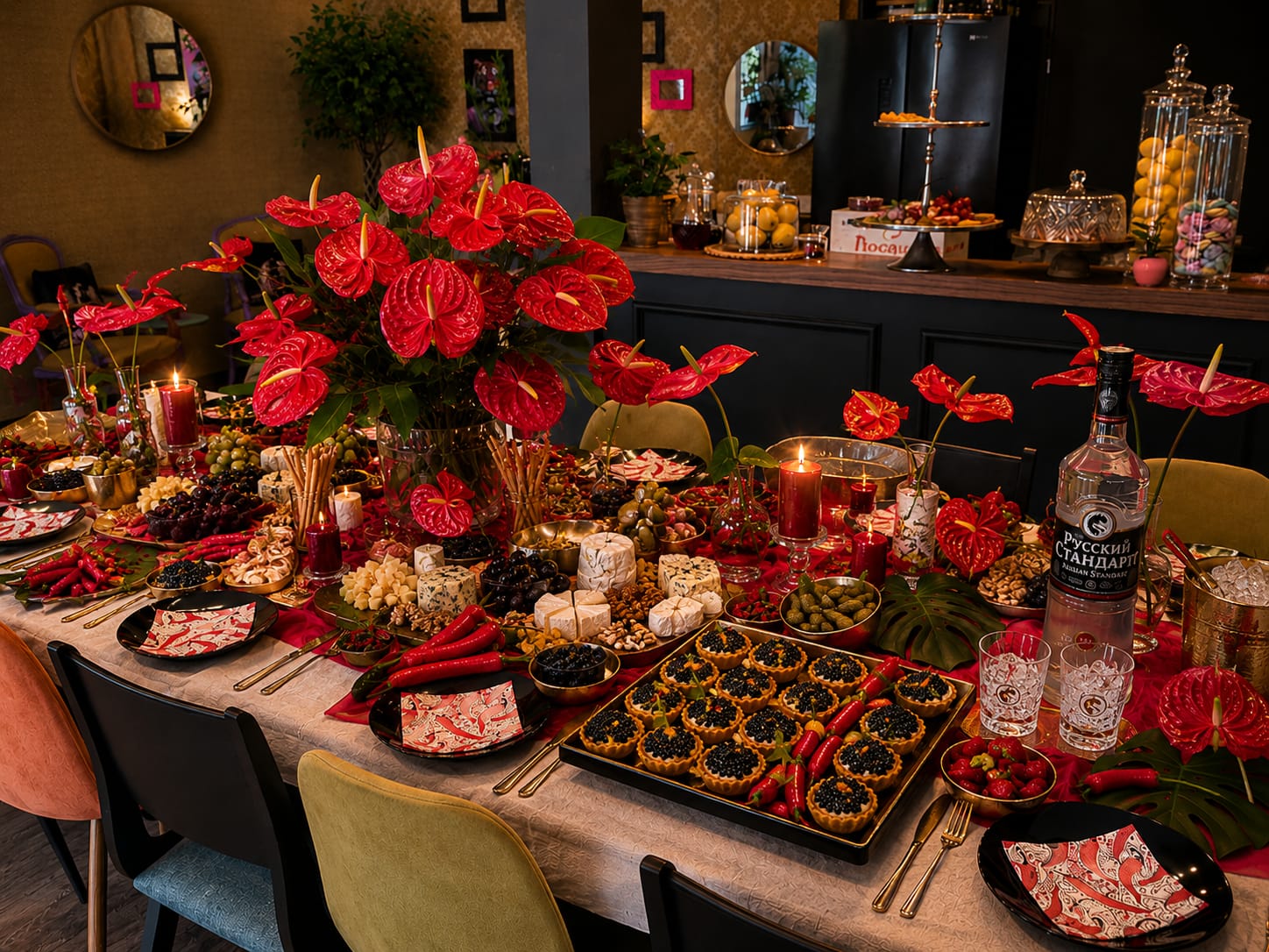 An abundant festive table in red and gold